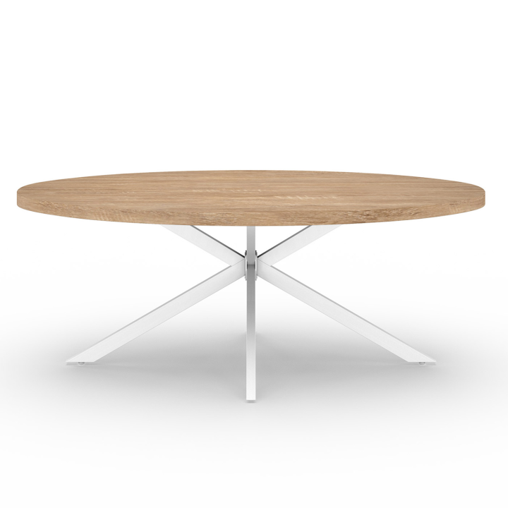 Table à manger ovale ALIX 10 personnes pied araignée bois et blanc 200 cm