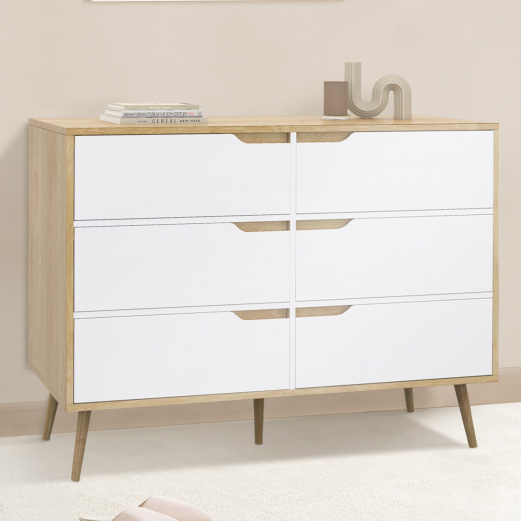 Commode 6 tiroirs HELSINKI 115 cm scandinave bois et blanc