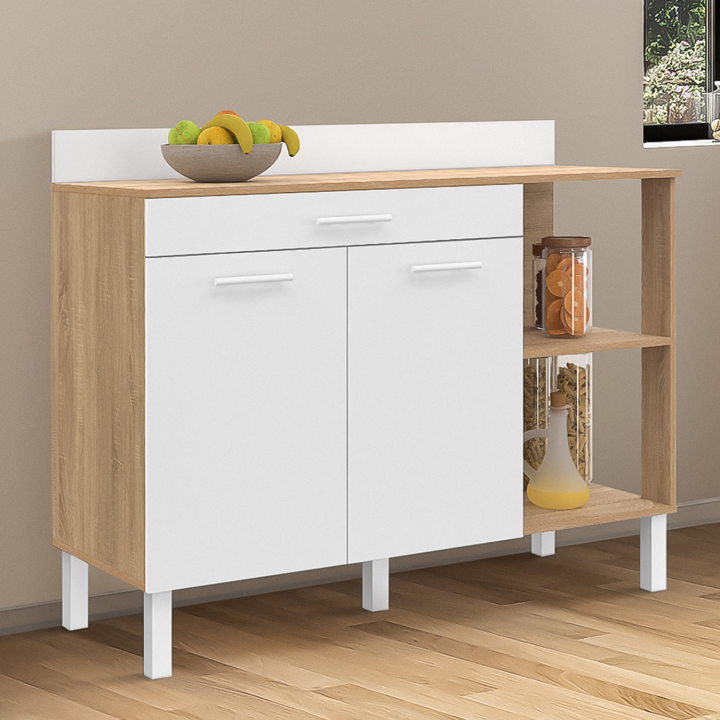 Cómoda de cocina baja de 120 cm con puertas de madera efecto haya + cajón blanco - CINA | ID Market