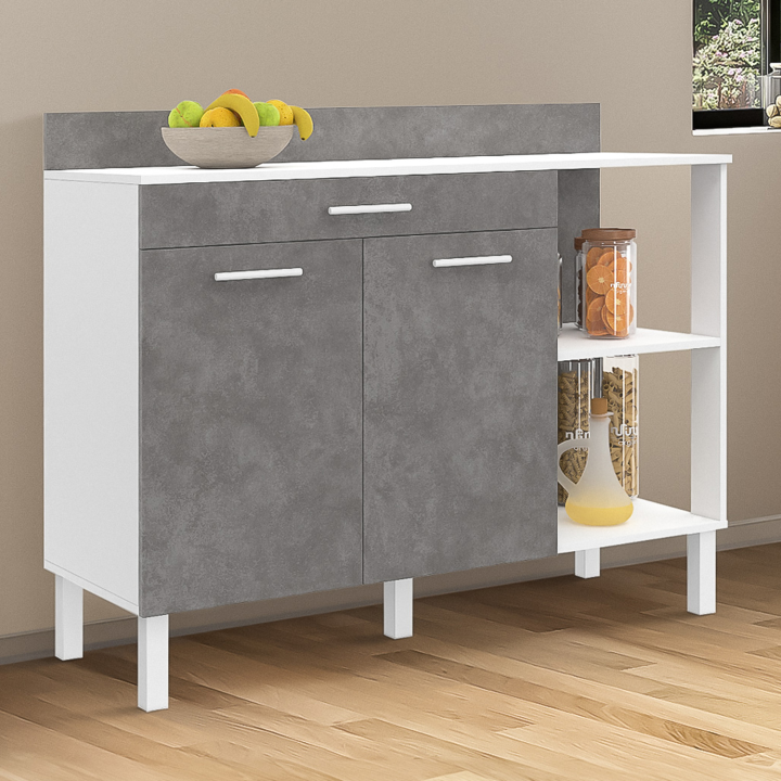 Buffet bas de cuisine 120 CM CINA plan de travail H.83 cm 2 portes + tiroir façon blanc et effet béton