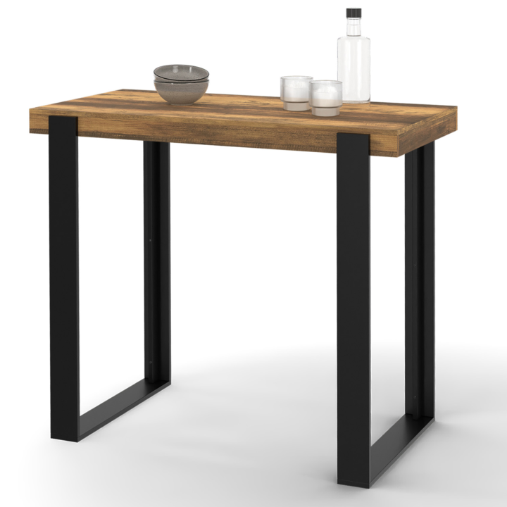 Table haute de bar PHOENIX bois foncé effet vieilli et noir 113 cm