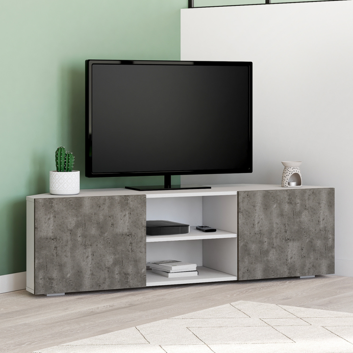 Mueble TV esquinero 110 cm efecto hormigón y blanco - ELI | ID Market