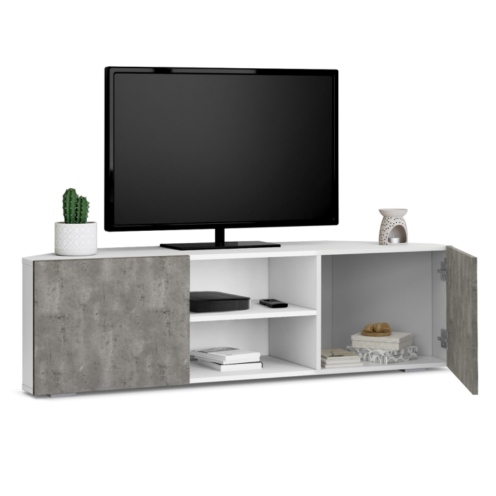 Mueble TV esquinero 110 cm efecto hormigón y blanco - ELI | ID Market