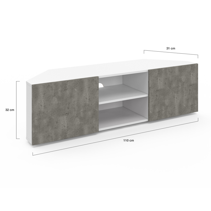 Meuble TV 110 cm d'angle ELI blanc portes effet béton