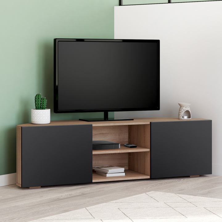 Meuble TV 110 cm d'angle ELI bois façon hêtre portes noires