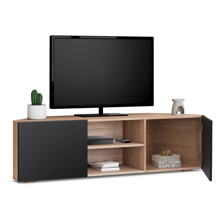 Meuble TV 110 cm d'angle ELI bois façon hêtre portes noires