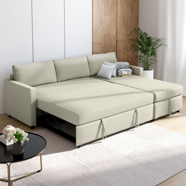 Sofá cama esquinero de tela beige con arcón - NOAH | ID Market