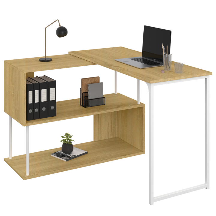 Bureau d'angle rotatif 180° DETROIT étagère forme S design industriel bois et métal blanc