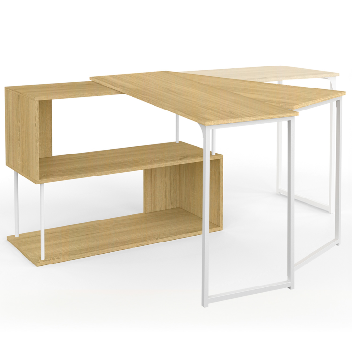 Bureau d'angle rotatif 180° DETROIT étagère forme S design industriel bois et métal blanc