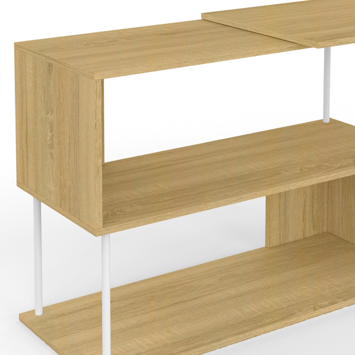 Bureau d'angle rotatif 180° DETROIT étagère forme S design industriel bois et métal blanc