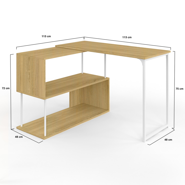 Bureau d'angle rotatif 180° DETROIT étagère forme S design industriel bois et métal blanc