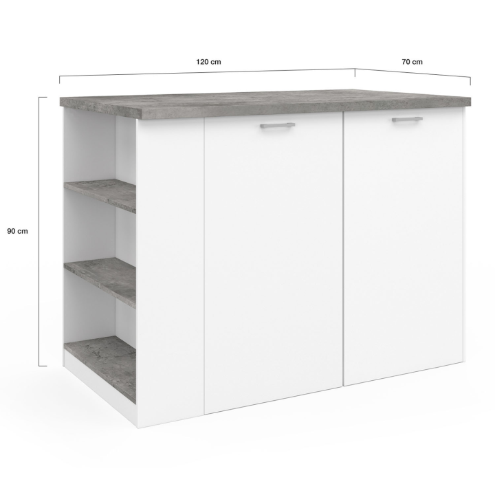 Ilot central TIBO 120 cm bois blanc avec plan de travail façon béton