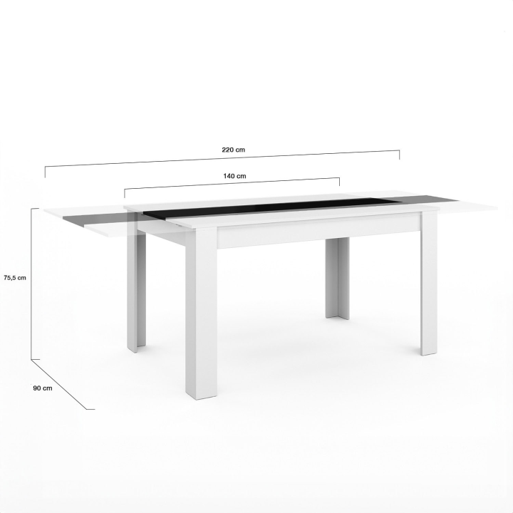 GEORGIA Mesa de comedor rectangular extensible para 6-10 personas en blanco y negro 140-220 x 90 cm