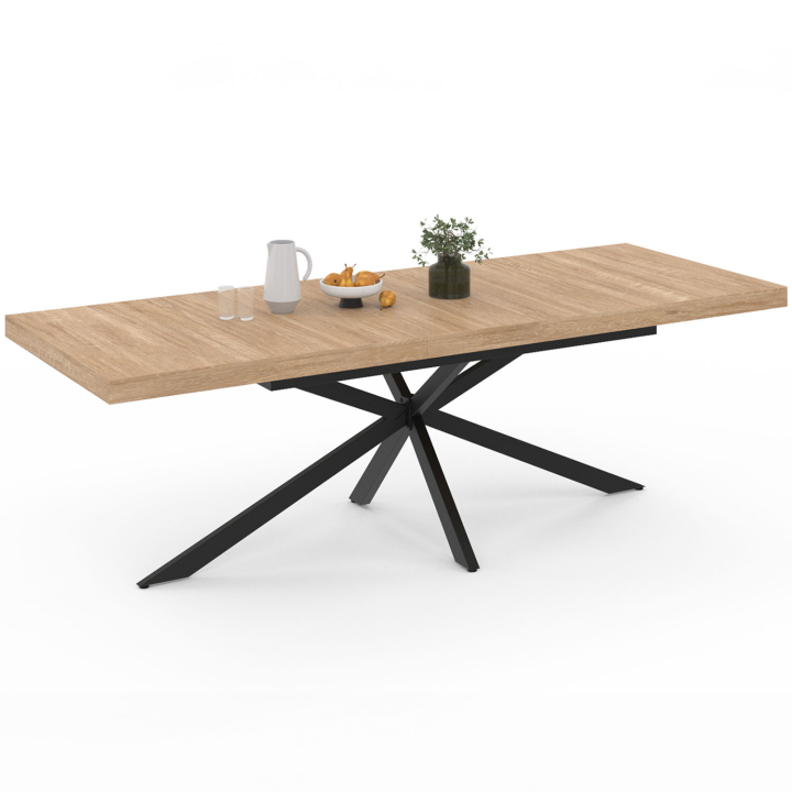 Table à manger extensible rectangle ALIX avec rangement 10-12 personnes pied araignée bois et noir 200-240 cm