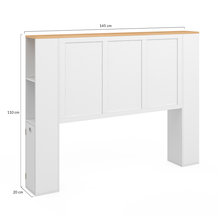 Tête de lit sur pied VITO 145 cm avec rangements blanc et plateau bois