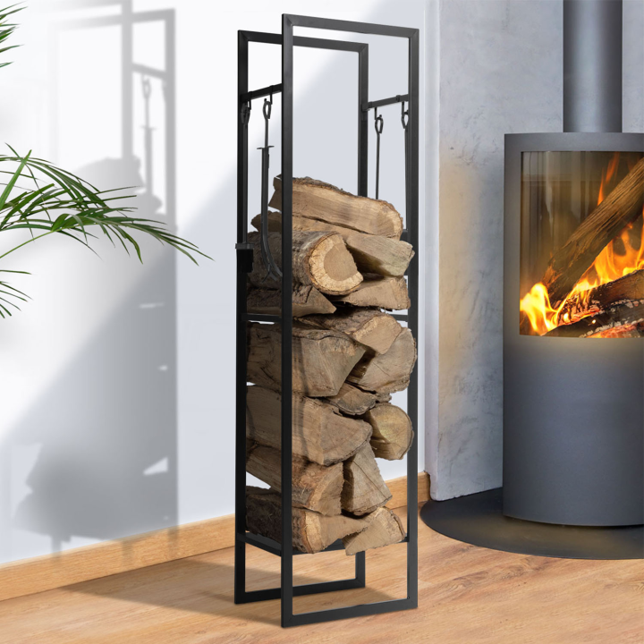 Leñero vertical de acero negro con estante y accesorios para chimenea | ID Market