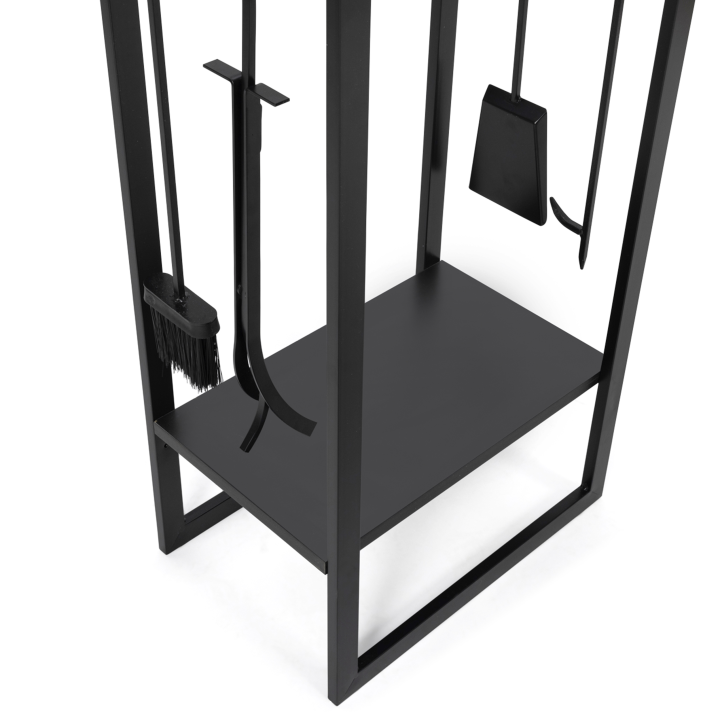 Range bûches vertical acier noir avec étagère et accessoires H. 170 cm pour cheminée