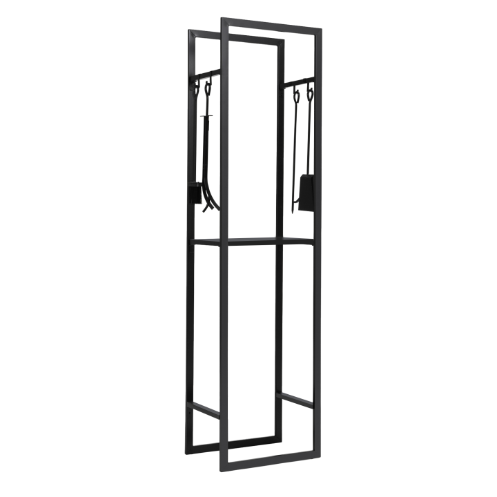 Range bûches vertical acier noir avec étagère et accessoires H. 170 cm pour cheminée