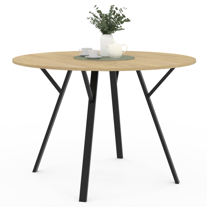 Table à manger ronde YSEULT 4-6 personnes bois et noir design industriel 110 cm