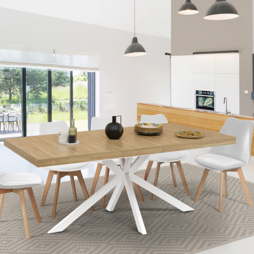 Table à manger extensible rectangle ALIX 6-10 personnes bois et blanc 160-200 cm