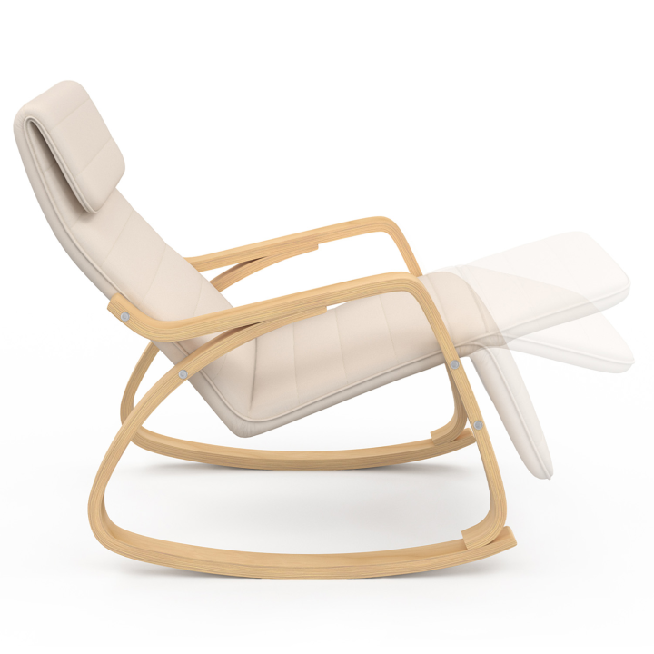 Fauteuil à bascule NILS, rocking chair avec repose pied en bois façon hêtre et coussin tissu beige