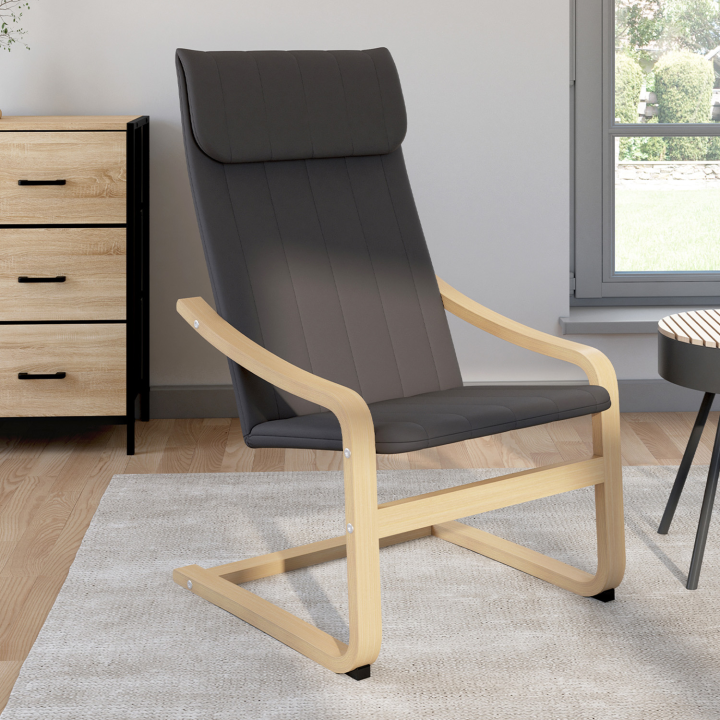 Sillón escandinavo de madera de haya con cojín de tela gris - NILS | ID Market