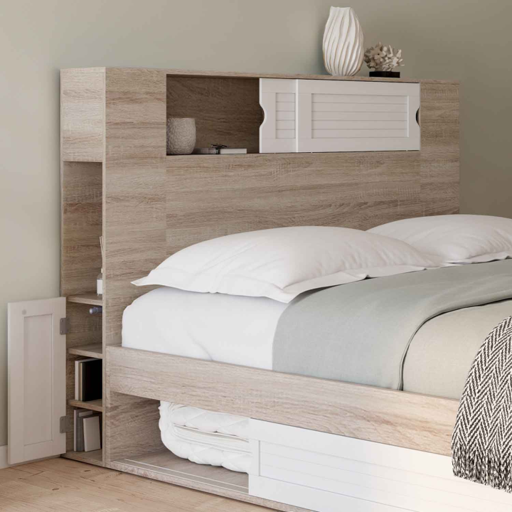 Tête de lit SALEM 140 CM avec rangement bois et blanc