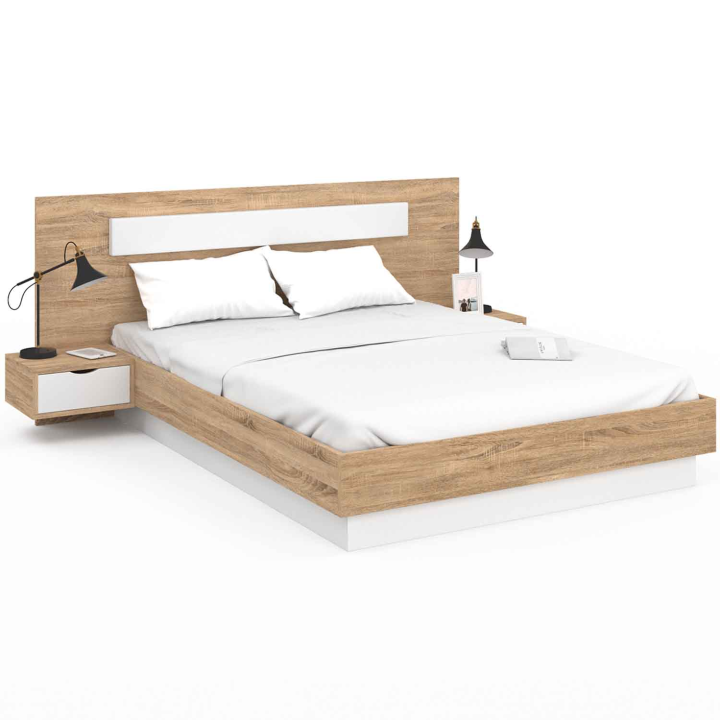 Lit double SANTA avec tables de chevets intégrées et sommier 140x190cm bois et blanc