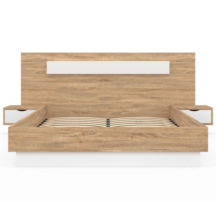 Lit double SANTA avec tables de chevets intégrées et sommier 140x190cm bois et blanc