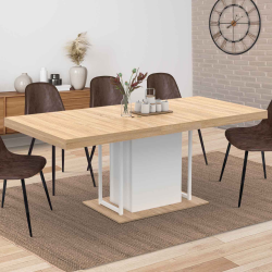 Table à manger extensible rectangle UGO 6-10 personnes bois façon hêtre et blanc 160-200 cm