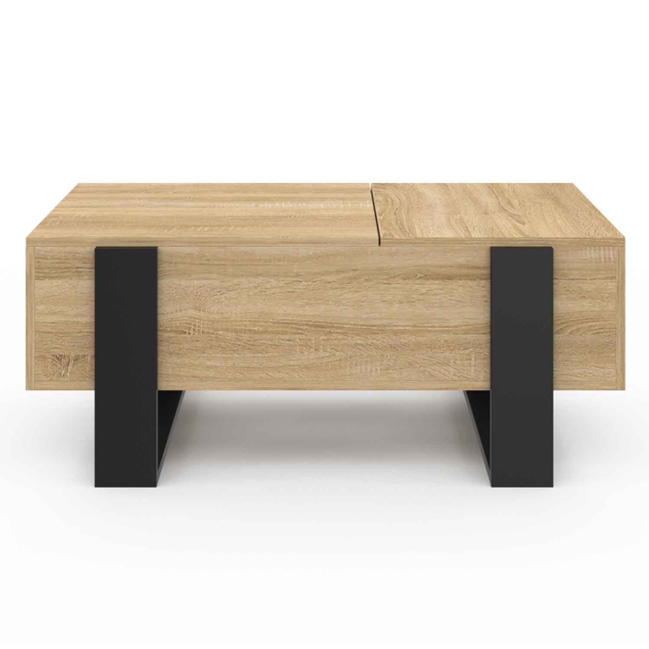 Table basse 2 plateaux relevables PHOENIX bois noir et façon hêtre