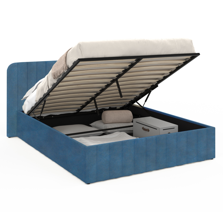 Cama box doble con somier y cabecero 140x190 terciopelo azul - ALBA | ID Market