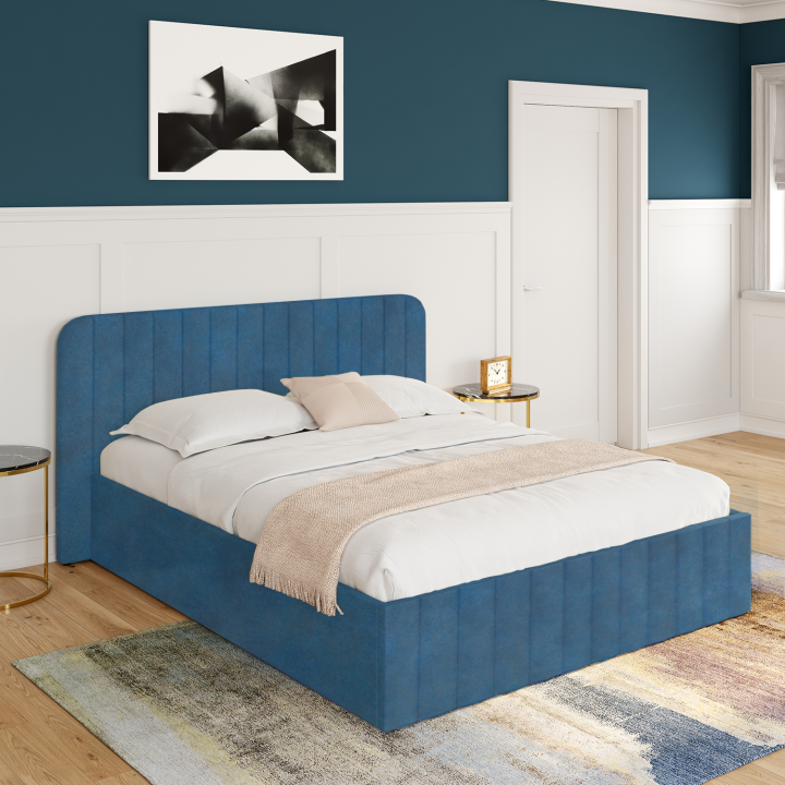 Cama box doble con somier y cabecero 140x190 terciopelo azul - ALBA | ID Market