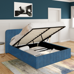 Cama box doble con somier y cabecero 140x190 terciopelo azul - ALBA | ID Market