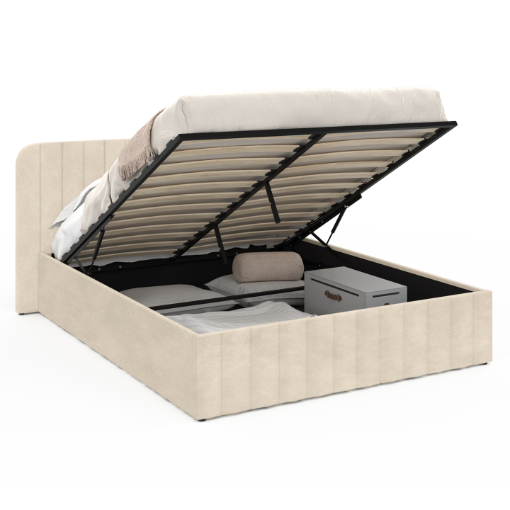 Cama box doble con somier y cabecero 140x190 terciopelo beige - ALBA | ID Market