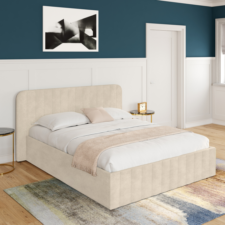 Cama box doble con somier y cabecero 140x190 terciopelo beige - ALBA | ID Market