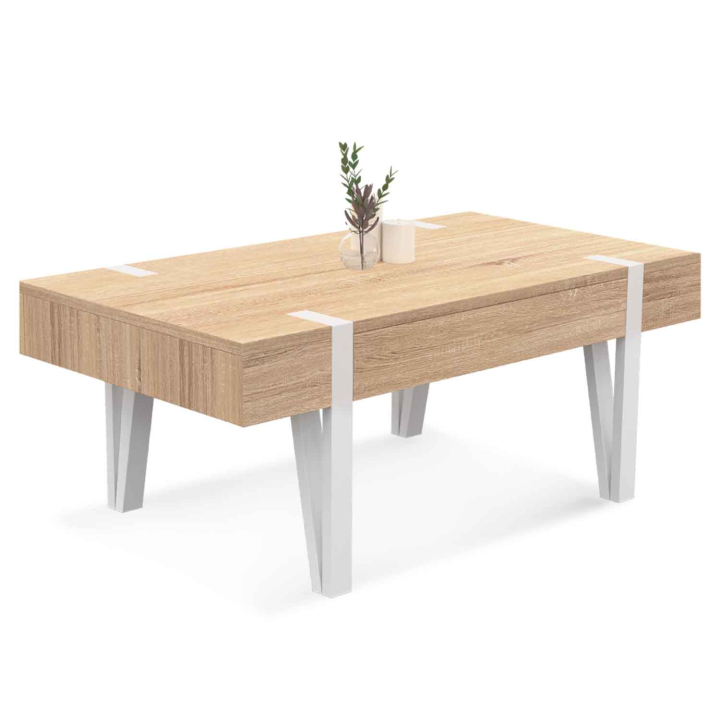 Mesa de centro de madera con base de espiga blanca y 1 cajón - AUSTRIA | ID Market