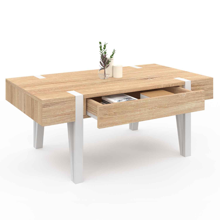 Mesa de centro de madera con base de espiga blanca y 1 cajón - AUSTRIA | ID Market