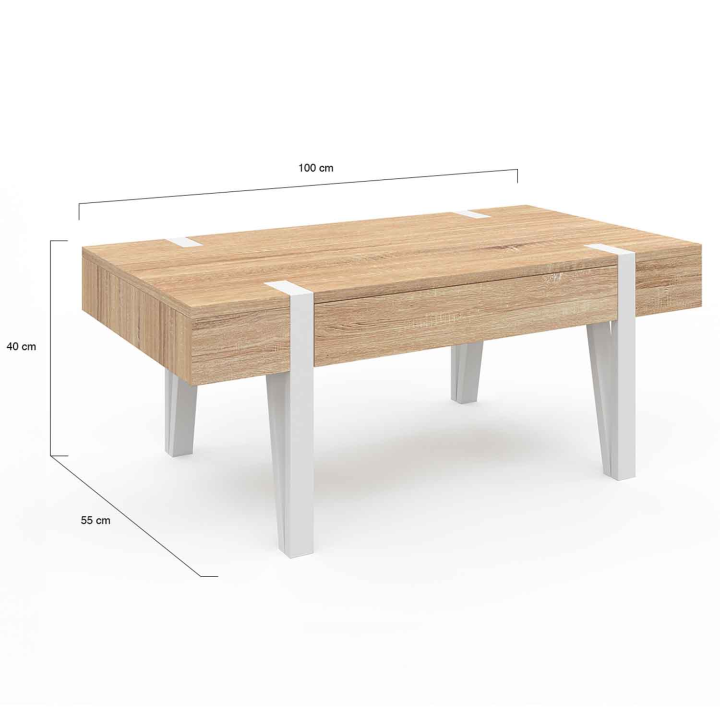 Mesa de centro de madera con base de espiga blanca y 1 cajón - AUSTRIA | ID Market