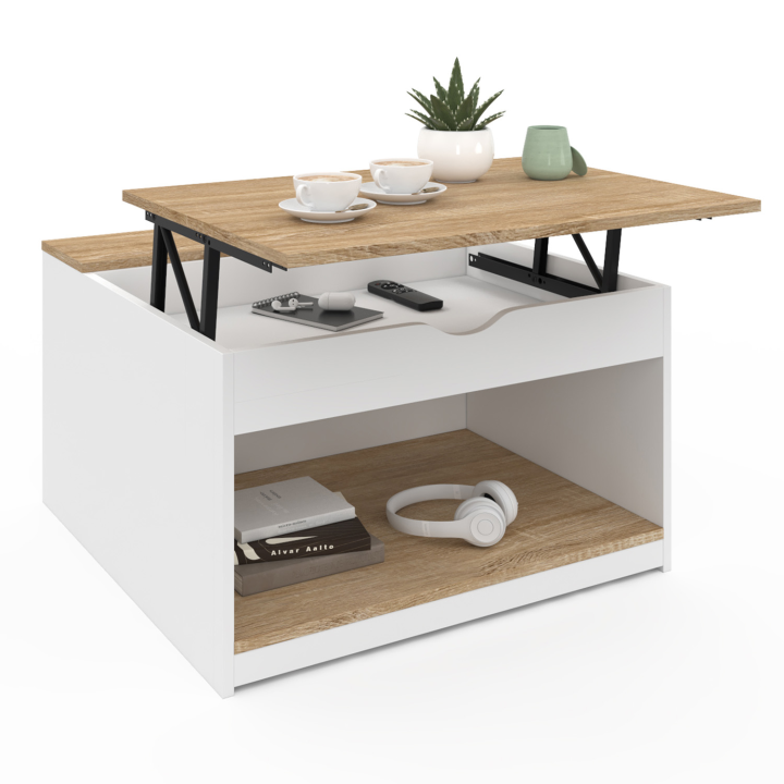 Table basse plateau relevable carrée ELEA avec coffre bois blanc et façon hêtre