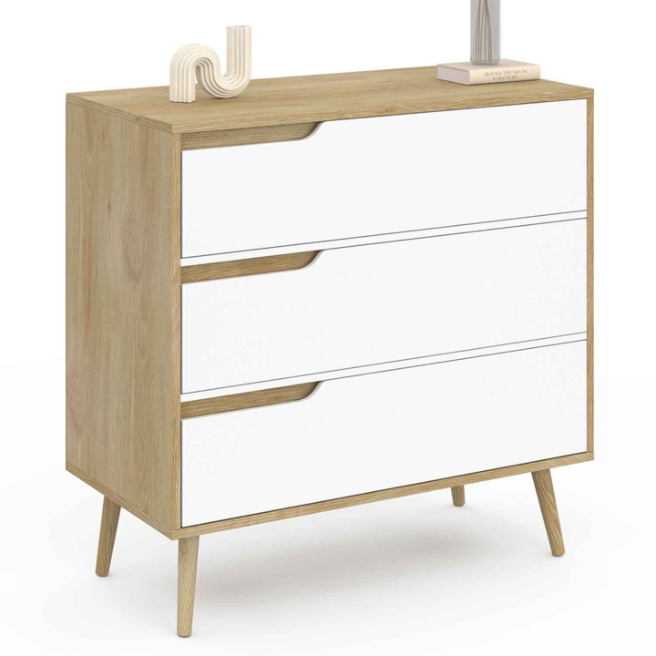 Commode 3 tiroirs HELSINKI 80 cm scandinave bois et blanc