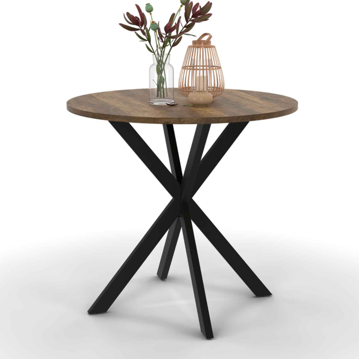 Mesa de comedor redonda 80 cm madera oscura y negra (2-4 personas) - ALIX | ID Market