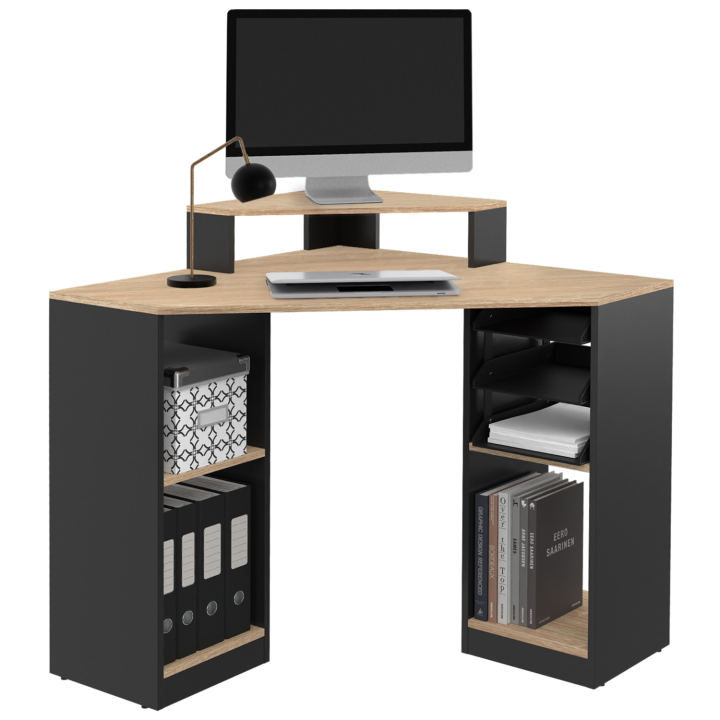 Bureau d'angle HARRY noir et façon hêtre gain de place bureau informatique avec rangements