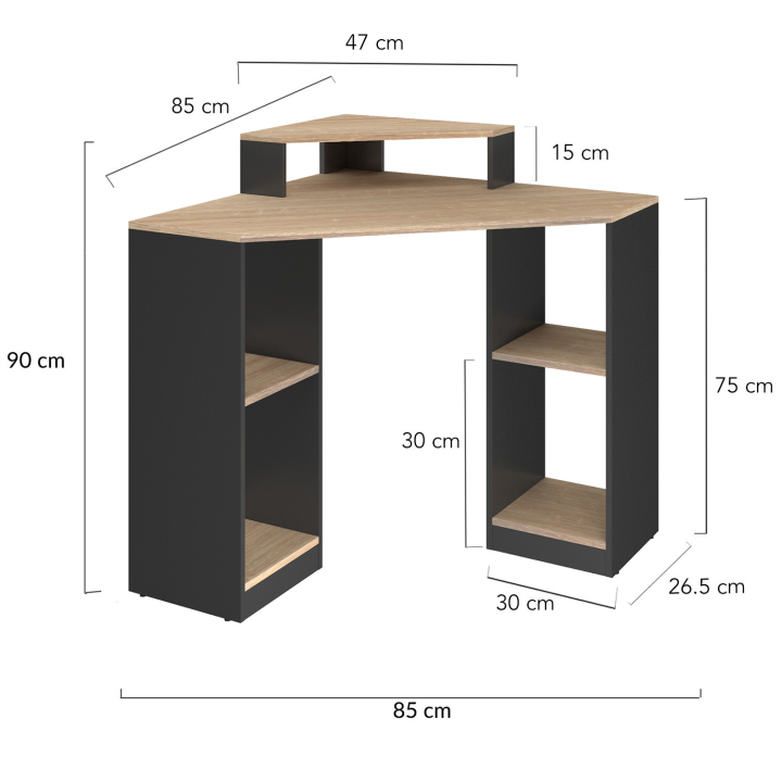 Escritorio esquinero con espacio de almacenamiento en negro y efecto haya - HARRY | ID Market