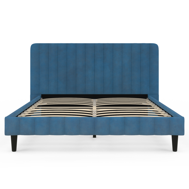 Lit double ANNIE avec tête de lit et sommier 140 x 190 cm velours bleu