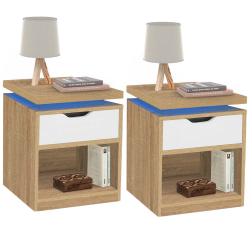 Lot de 2 tables de chevet LUNA à LEDS hêtre avec 1 tiroir blanc