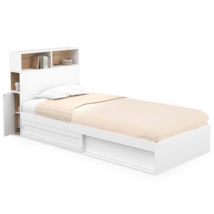 Lit simple CLEM avec rangement, tête de lit et sommier 90 x 190 cm blanc et hêtre