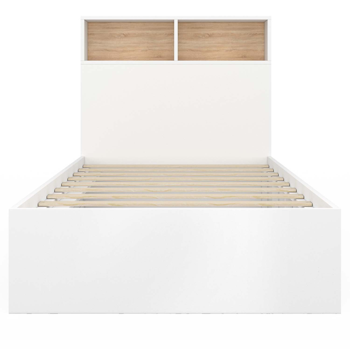 Lit simple CLEM avec rangement, tête de lit et sommier 90 x 190 cm blanc et hêtre