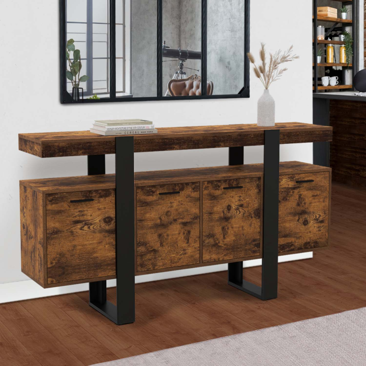 Buffet XXL 160 cm gran capacidad 4 portes bois effet vieilli et noir - PHOENIX | ID Market