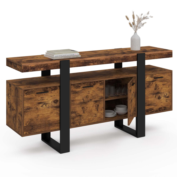 Buffet 160 cm PHOENIX XXL 4 portes bois effet vieilli et noir